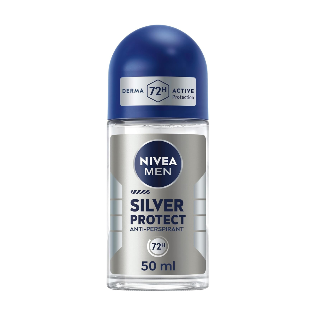 NIVEA MEN Silver Protect, Quick Dry Anti-Perspirant for Men Derma Active 72h Antibacterial Protection, Roll-On 50ml
