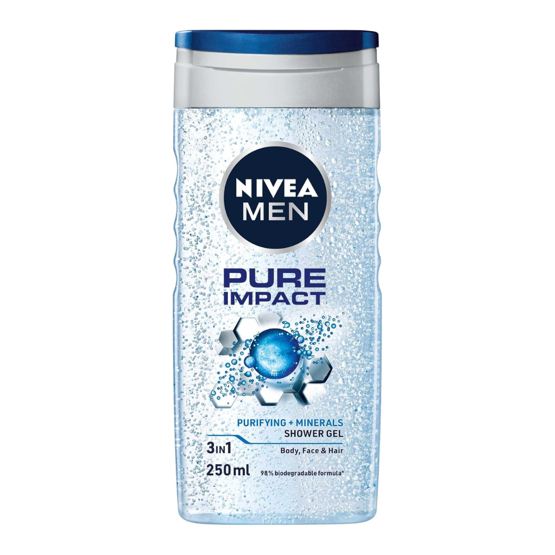 NIVEA MEN Pure Impact 3in1 Shower Gel Wash With Purifying Minerals, 250ml