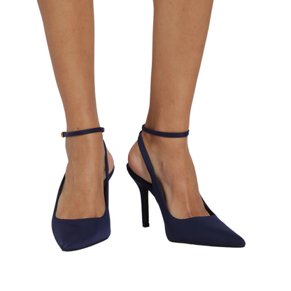 STILETTO POINTY COURT HEEL WITH ANKLE BUCKLE - NAVY