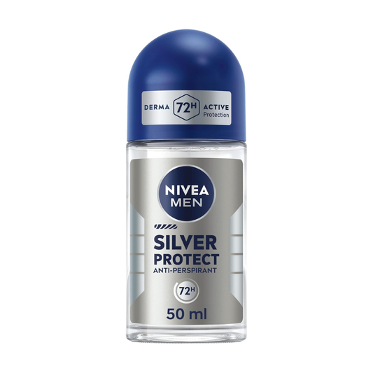 NIVEA MEN Silver Protect, Quick Dry Anti-Perspirant for Men Derma Active 72h Antibacterial Protection, Roll-On 50ml