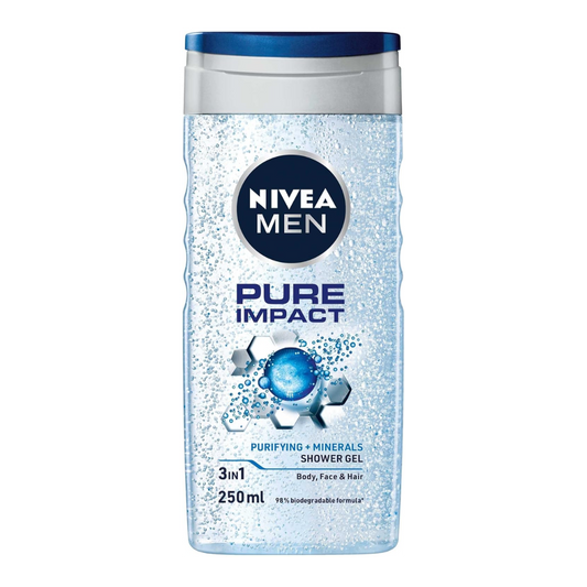 NIVEA MEN Pure Impact 3in1 Shower Gel Wash With Purifying Minerals, 250ml